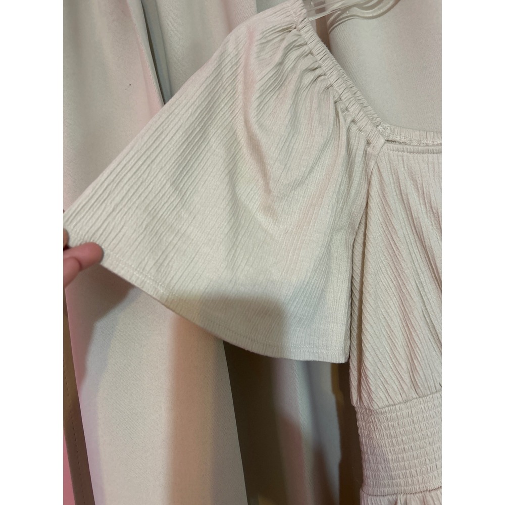 Old Navy Cotton Mini Dress Medium NWT Smocked Waist Flutter Sleeve‎ Beige - Picture 3 of 8